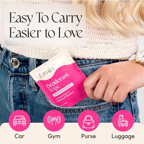 Image of FOMIN Acidified Deodorant Wipes for Women & Men - 50 Count | Patchouli Blossom - pH Balanced Mini Deodorant Wipes, Travel Size - Plastic-Free & Individually Wrapped Body Wipes