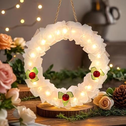 Guirlanda de vidro do mar branco com iluminação LED – Guirlanda de praia feita à mão, guirlandas de Natal estilo costeiro para decoração de casa, porta, janela, armário de cozinha, cadeira e parede