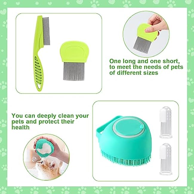 VCZONE 8 Pcs Cat Brush Grooming Kits, Pet Self Cleaning Kit with Pet Nail Clipper and File, Flea Comb, Pet Shampoo Bath Brush, Pet Shedding Brush, Silicone Toothbrush (Green)-AgsOWQJt