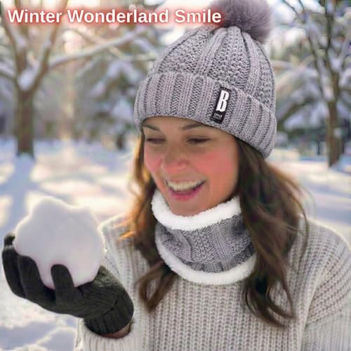 Image of Kraptick Women's Winter Beanie Cap and Scarf Set with Soft Fleece Lining, Thick Cable Knit Woolen Cap for Ladies & Neck Warmer for Extreme Cold Stylish Pom Pom Hat & Scarf Set -7