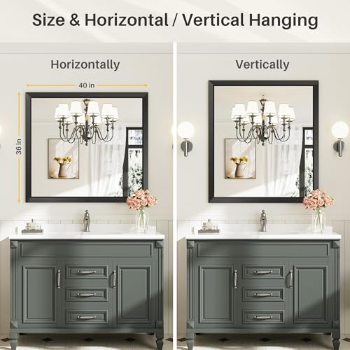 40x36 Inch Black Bathroom Mirror for Wall, Thick Metal Framed Rectangle Mirrors for Over Sink, Bedroom, Living Room, Entryway, Anti-Rust, HD Tempered Glass