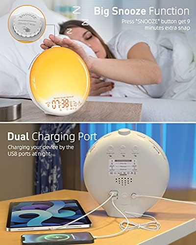 Sunrise Alarm Clock, Digital Alarm Clock Wake Up Light Dual Alarms an with Radio, Brightness Adjustable Night Light Sunrise/Sunset Simulation 7 Natural Sounds Colorful Lamp FM Radio USB Charger Port
