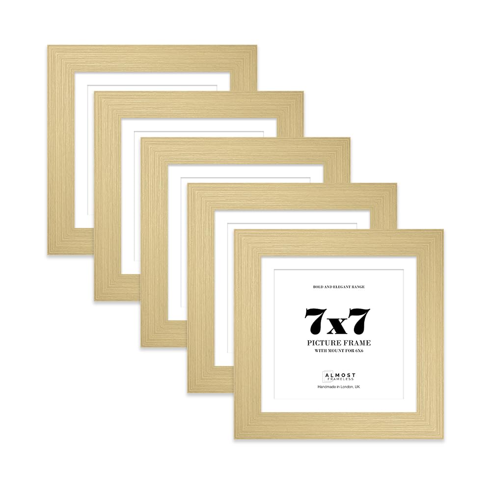 7x7" Gold Square Frame With Mount for 6x6" Pictures 28mm Edge Frame Display with Wall Hooks and Kickstand, 5 Pack