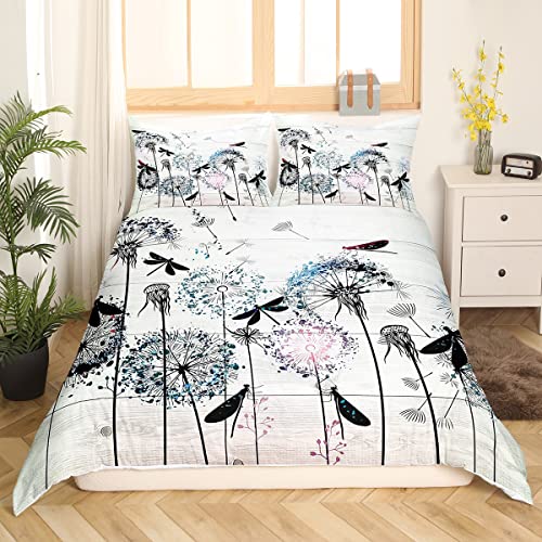 Dandelion Duvet Cover For Kids, Dragonfly Bedding Set Full Seeds Flowers Rustic Comforter Cover For Kids Boys Teens Adult Bedroom, Tie Dye Countryside Bedspread Cover Farmhouse Decorations, 3Pcs #TOP1