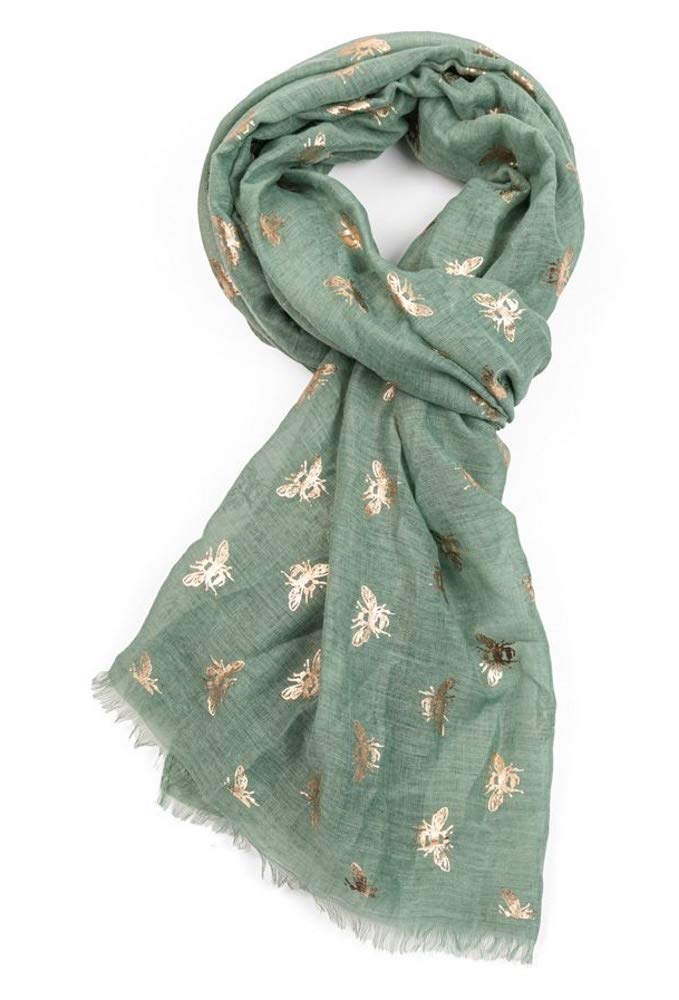 Lilyrosa Women's Green Lilyrosa® Bee Scarf Bumble Bees Grey Blue Silver Pink Rose Gold Bees Shawl Wrap (Green)