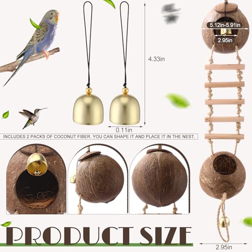 Image of Briwooody Coconut Shell Bird Nest House Breeding Bed Nestingand Anti-pecking Bite with Natural Coir Fiber Bird Nest Toy Bell for Parrot Budgie Parakeet Cockatiel Conure Lovebird Canary Finch (Stylish)