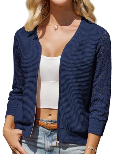 GRACE KARIN Cardigan court en dentelle patchwork manches 3/4 avec fermeture éclair pour femme, bleu marine, M