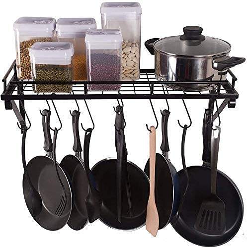 Craft ExpertiseKitchen Rail with 10 S Hooks, 17 inch Utensil Organizer Rack Wall Mounted for Pot Pan Rack Lid Spatula, Kitchen Hooks for Utensils, Black