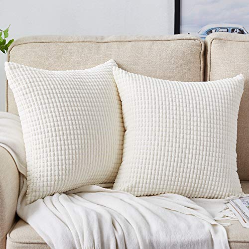 Bedwin Pack of 2 Corduroy Soft Decorative Throw Pillow Cover, Granules Velvet Solid Square Cushion Covers Pillowcase for Sofa Couch Bed Chair Car Living Room Decorations, 18x18 Inch/45x45 cm (White)