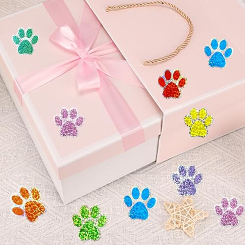 Image of 500Pcs Cute Dog Paws Vinyl Stickers Roll 1in Glitter Stickers 8 Colors Cute Dog Footprints Label Tag Self-Adhesive Classroom Reward Waterproof Decals for Bottle Birthday Party Decor