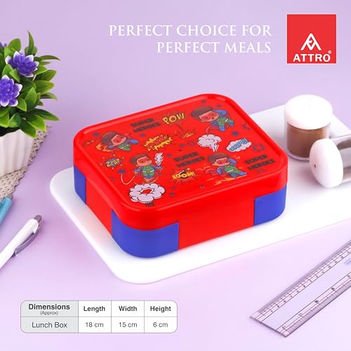 Image of ATTRO Admire Deluxe 3 Compartment Stainless Steel Lunch Box, BPA-Free Inner Steel, Lightweight & Durable, Easy Carry Tiffin for Kids,School & Travel-Superhero Print Red-800ml
