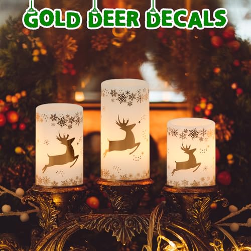 Image of GenSwin Christmas Flameless LED Flickering Candles, Real Wax, Gold Deer, 3 Pack Pillar Fake Candles for Winter Indoor Fireplace Decor (D3' x H4'5'6')