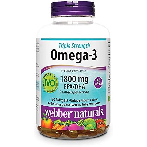 Webber Naturals Triple Strength Omega-3 Fish Oil, 1,800 mg Omega-3 (1,200 mg EPA / 600 mg DHA) per Serving, 120 Clear Enteric Softgels, No Fishy Aftertaste, for Heart, Brain and Joint Health Cover