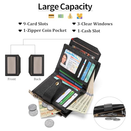 GAEKEAO Small Wallets Woman RFID Blocking Leather Bifold Card Holder Wallets with Zipper Pocket Removable ID Window2