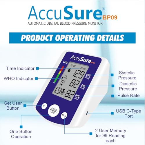 Image of AccuSure BP09 Digital Blood Pressure Monitor - Automatic Upper Arm BP Machine for Home Use, Large Display, WHO Indicator, Dual User Memory, Adjustable Cuff (22-40 cm), USB Type-C & Battery Powered | 2 Year Warrenty-WB