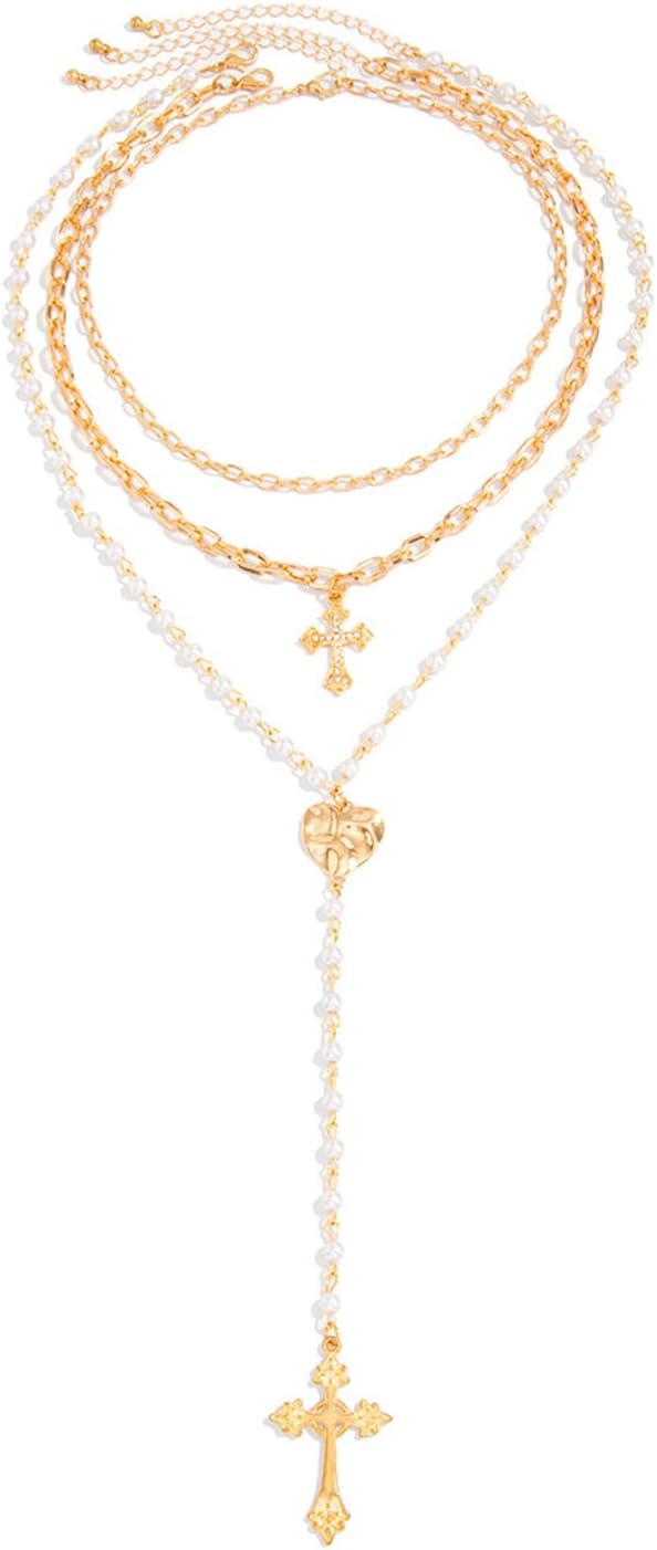 Multi-layered Pearl Heart Clavicle Chain Necklace Summer Beach Layered Beaded Tassel Necklace Metal Cross Pendant Body Jewelry for Women