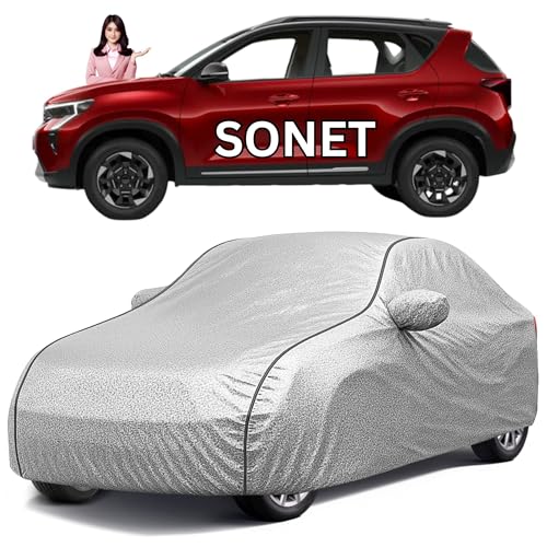 Image of Car Cover for Kia Sonet All Model & Years (2020-2024) 100% Waterproof with Mirror Pockets, Triple Stitched Bottom Elastic Dustproof Full Body Protection Heat & UV Resistant, Silvre