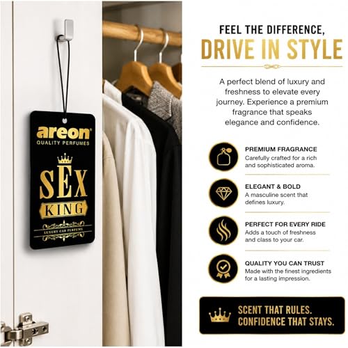 Image of AREON VIP Hanging Car Air Freshener Pack of 3 - Premium Car Perfume with Natural Fragrances, Stylish Hanging Cards Long Lasting Auto Air Freshener for Car, Home, Office & Vehicle Interior - SEX KING