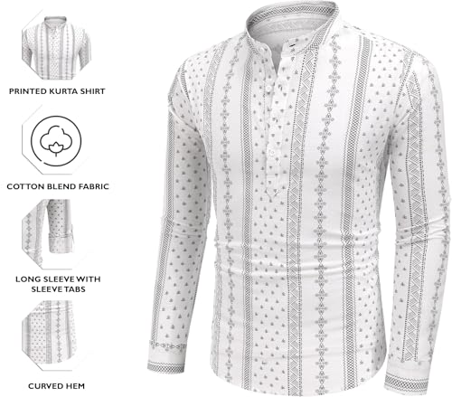 Image of Zombom Men's Cotton Polyester Blend Solid Regular Fit Full Sleeve Printed Short Kurta | Ethnic, Lightweight Summer Kurta for Daily & Occasion Use | Men's Trendy Short Kurta