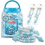 50 Shark Candy Bracelets, Cool Blue Candy for Under the Sea and Baby Shark Party Favors, Decorations and Goody Bag Fillers, Individually Wrapped In a Convenient Display Tub, Bulk Pack of 50, By 4YoreElves