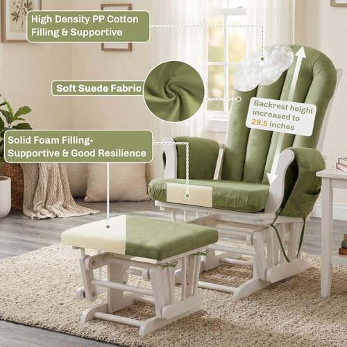 Image of 5PCS Suede Glider Rocker Replacement Cushions with 29.5 inch High Backrest & Side Pockets, Thickened Soft Glider Rocking Chair Cushions with Ottoman Cushion for Indoor Nursery Rocking Chair, Green
