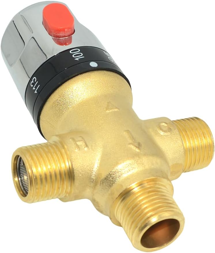 Thermostatic Mixing Valve,1/2" NPT Thread Water Heater Solid Brass- Golden Thermostatic Shower Valve for bathroom showers, solar systems and kitchen faucets,etc. (Golden)