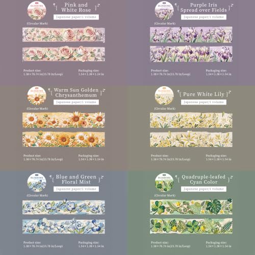 Image of Flower Washi Tape Set,6 Rolls Floral Aesthetic Tape Stickers for Scrapbook
