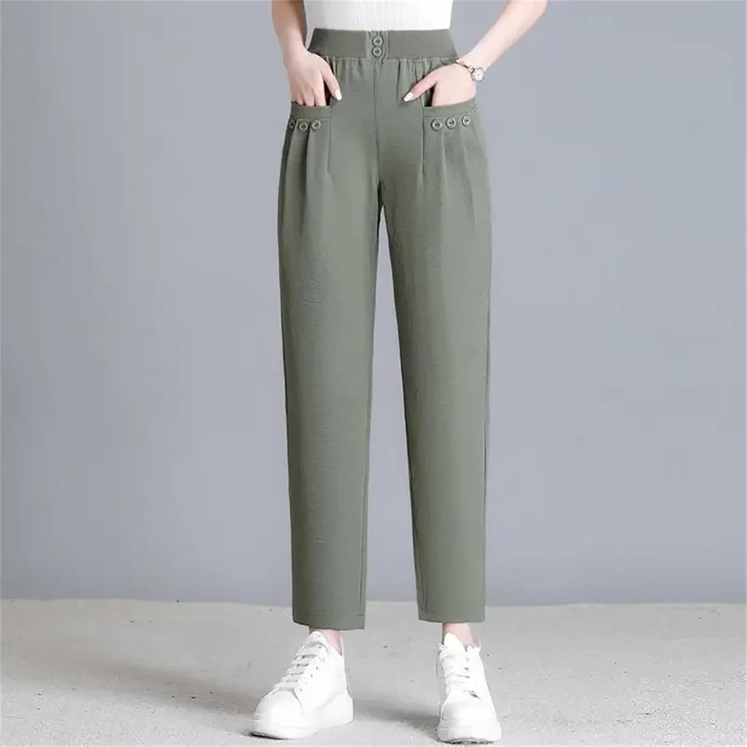 Spring Women's Clothing Solid Color Elastic High Waisted Pockets Button Casual Straight Pencil Office Lady Pants