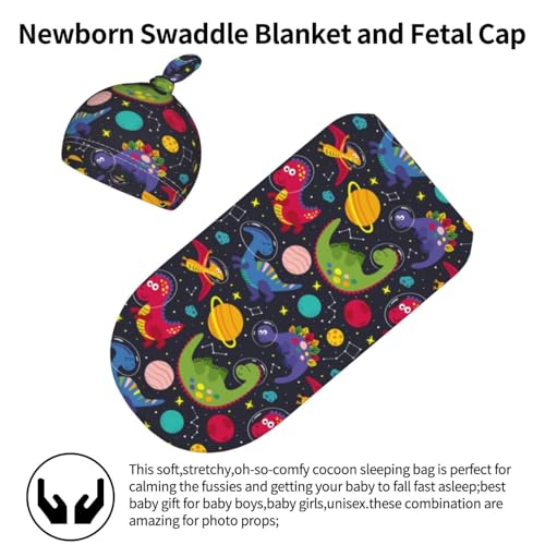 Image of Newborn Swaddle Blanket Dinosaur in Space Baby Sleep Sack with Beanie Set Soft Stretch Adjustable Wraps Receiving Blankets for Infant Boy Girl
