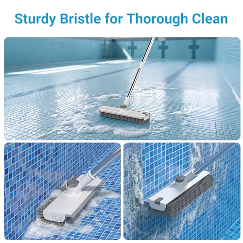 Image of Pool Scrub Brush with 52 inch Pole, 3 in 1 Pool Cleaning Brush with Squeegee, Floor Scrub Brush with Long Handle, Deck Brush for Swimming Pool Tile Wall Patio Concrete White