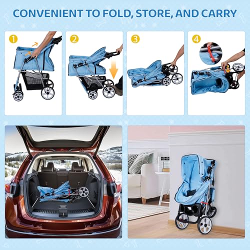Image of ZENY Foldable Pet Stroller, Cat /Dog Stroller with 4 Wheel, Pet Travel Carrier Strolling Cart with Storage Basket, Cup Holder (Blue)