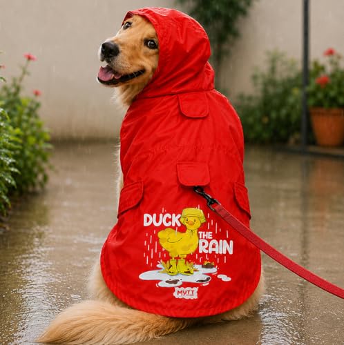 Image of Mutt of Course Waterproof Dog Raincoat with Hood & Mesh Lining | Collar & Harness Leash Opening | Duck Rain Red (M)