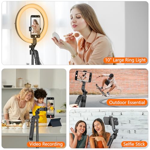 Image of Auto Face Tracking Self Stick Tripod for iPhone with 10 inch Ring Light Hands-Free 360Adjustable 70.9 Inch Smart Phone Stand with Remote for Content Creator Vlog Video Recording