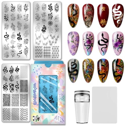 PH PandaHall 3pcs Plaque de Stamping pour Ongles Serpent Fleur Modèles de Nail Art Style Romantique Sombre Pochoirs pour Nail Art en Acier Inoxydable avec...