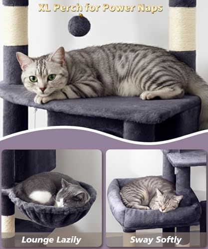 Image of 74 Inch Heavy Duty Cat Tree for Large Cats, Multi-Cat Tower with 3 Condos, Tall Cat Condo with XL Platform, Hanging Basket & Sisal Scratching Posts, PMT04DG, Dark Grey