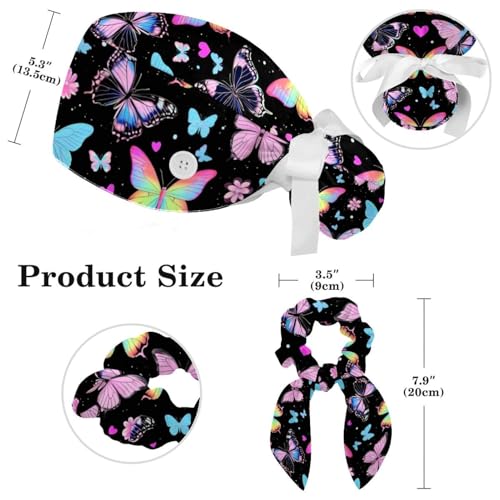 Image of Butterfly Scrub Cap Women with Ponytail & Buttons Adjustable Surgical Nurse Hat with Cotton Sweatband for Long Hair