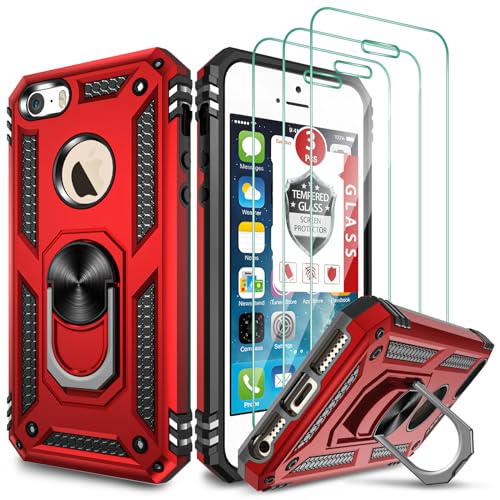 for iPhone SE Case(1st gen - 2016), Case for iPhone 5S with [3X Tempered Glass Screen Protector]，Built-in Ring Kickstand and Magnetic Car Mount Shockproof Dropproof Case for iPhone SE/5/5S (4') - Red