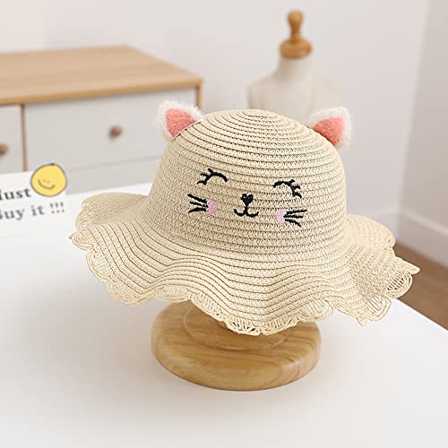 Girl Summer Wide Brim Floppy Beach Sun Hat Cute Straw Hat Woven Pocket with Cat Ears Suit for Outdoor Activities4