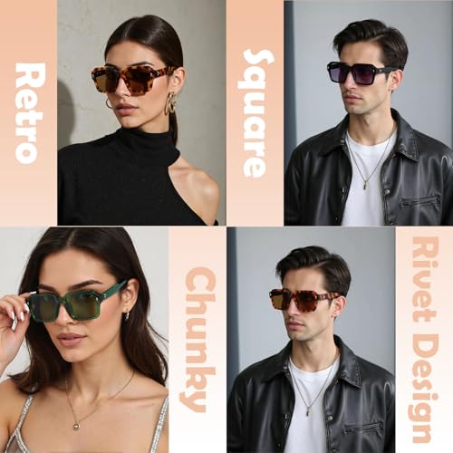 Vintage Square Sunglasses for Men Women Trendy Chunky Rectangle Frame Rivet Design Black Shades UV Protection2