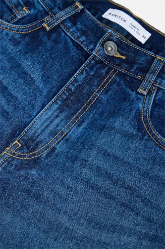 Image of SNITCH Men Flared Fit Jeans | Mid Rise Stone-Washed Denim with Raw Frayed Hem & 5-Pocket Design | 100% Cotton Woven Fabric for Casual & Everyday Wear
