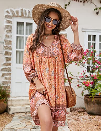 Image of Bluetime Women Casual Summer Dress Boho V Neck 3 /4 Sleeve Babydoll Floral Print Flowy Beach Dress