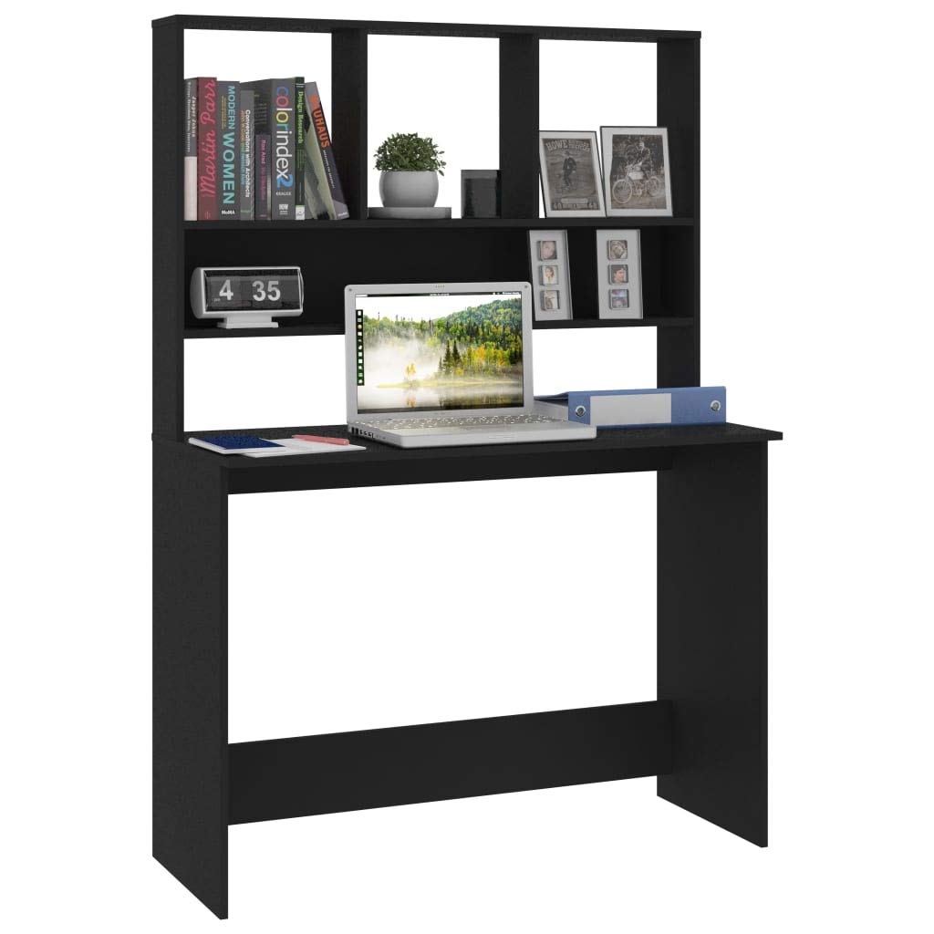Scrivania con ripiani, nera, 110 x 45 x 157 cm, in legno, salvaspazio, tavolo da ufficio per casa, studio, segretario con molto spazio e design funzionale