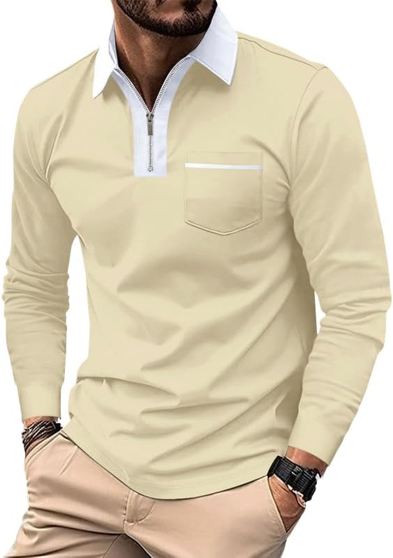 Men's Long Sleeve Polo Shirt Casual Zip Polo Shirt Classic Collared Golf Shirt with Pocket