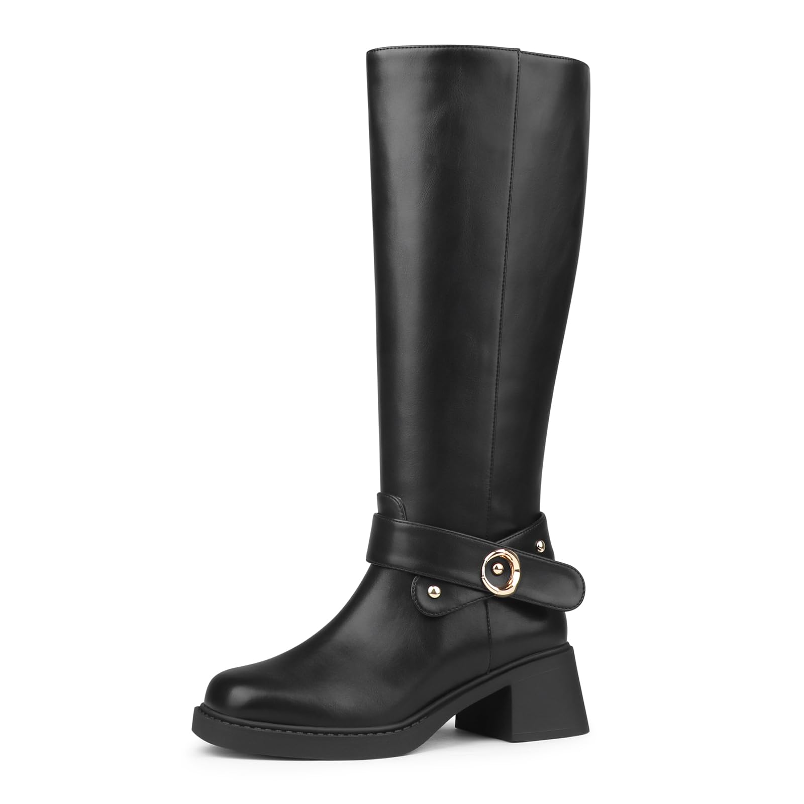 Women's Knee High Boots 2 Inch Chunky Heels Buckle Square Toe Boots Side Zipper Dress Booties