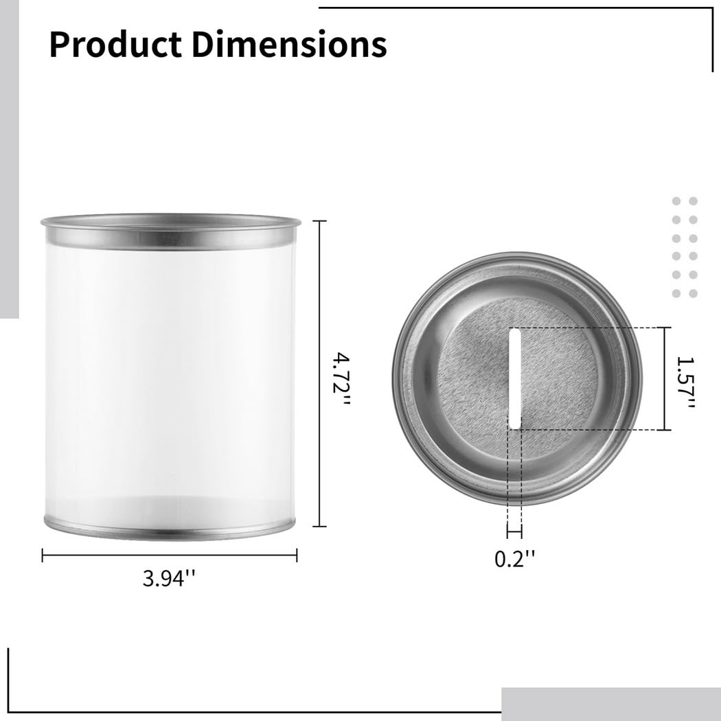 Paquete de 4 tarros transparentes para monedas con tapas ranuradas, recipientes de plástico para cambio, billetes de rifa, alcancías compactas, 3.9 pulgadas de profundidad x 4.7 pulgadas de