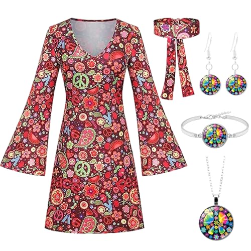 Antsparty Hippie Kostüm für Damen, 60er 70er Bekleidung Damen Hippie Kleid Frauen Mädchen Disco Kleider, Damen Retro Disco Outfit Faschingskostüm...