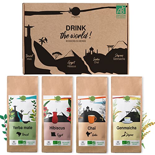 ORIGEENS JUEGO DE REGALO DE TÉ ORGÁNICO BEBIDAS DEL MUNDO - Hibisco, Maté, Té Negro Chai, Té Verde Genmaicha - Infusión orgánica 4x80gr - Set de regalo para hombre y mujer