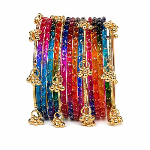 Image of Kashmiri Ghangharoo Glass Bangle| Light Weight Bangles | Traditional Transparent Fancy Glass Chudi Set for Wedding, Party|Set Of 16(12 Glass + 4 ghungroo bangles)