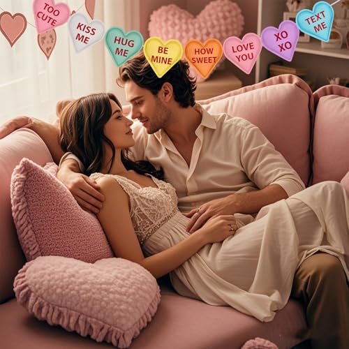 Image of Valentine's Day Heart Garland Felt Banner Decorations for Mantle Fireplace Room Valentine Hanging Decor