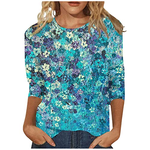 HTHLVMD Womens 3/4 Length Sleeve Tops 2025 Fall Fashion Floral Print Crewneck Causal Trendy Tunic Tops for Women